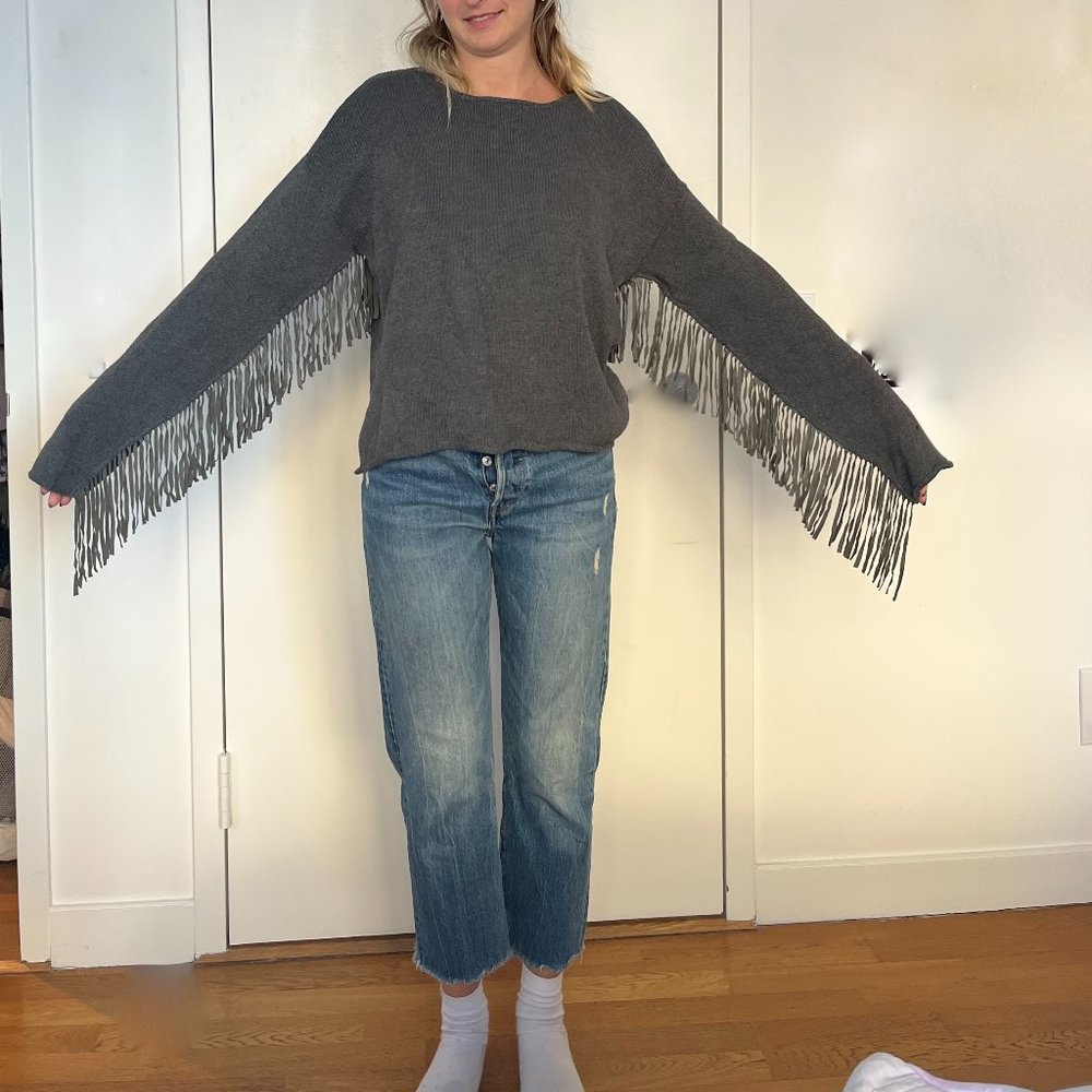 Charcoal Grey Fringe Sweater.